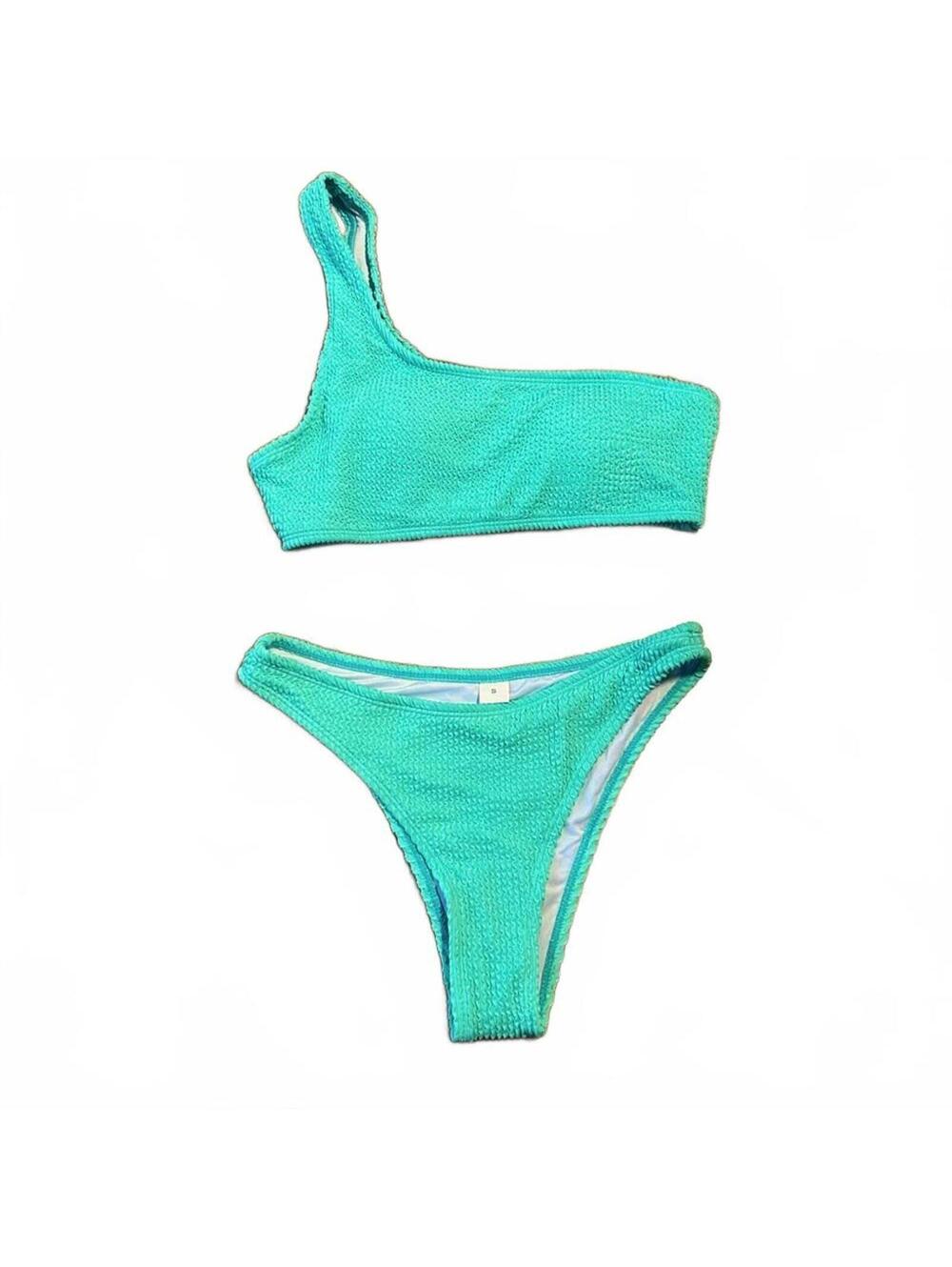 One Shoulder Textured Cheeky Bottom Bikini | Mint Green | Size Small | NWOT
